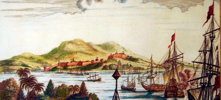 Este es un antiguo grabado holandés donde se muestra la intensa actividad de Trujillo y que en el fondo aparece la Fortaleza de Santa Bárbara 