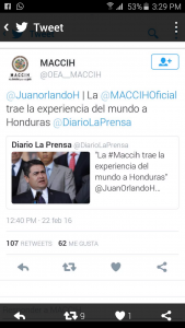 Esta fue la publicación que hizo Juan Hernández en su cuenta de Twitter y que tras la aclaración de la MACCIH fue borrada