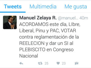 Esto escribió Manuel Zelaya en su twitter alrededor de las 10 de la noche del martes