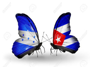 Two butterflies with flags on wings as symbol of relations Honduras and Cuba