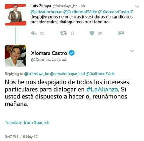 tweet entre Xiomara Castro y Luis Zelaya